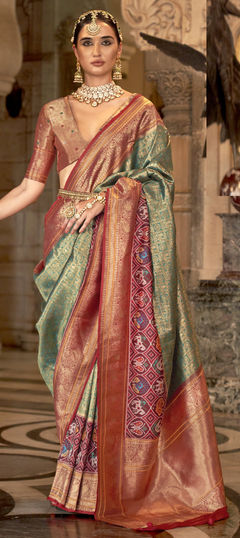 Green, Red and Maroon color Saree in Banarasi Silk fabric with Weaving, Zari work