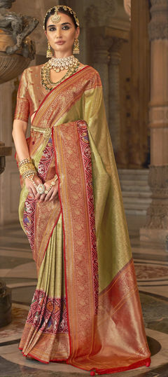 Green, Red and Maroon color Saree in Banarasi Silk fabric with Weaving, Zari work