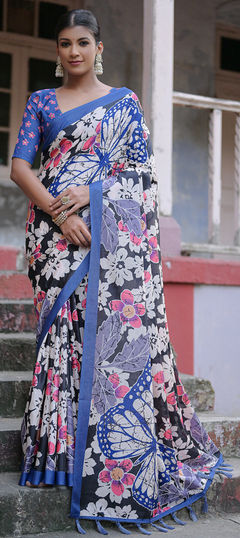 Black and Grey color Saree in Silk cotton fabric with Printed work