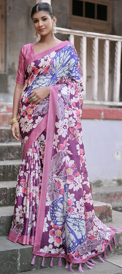 Pink and Majenta color Saree in Silk cotton fabric with Printed work