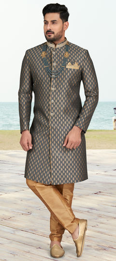 Wedding Black and Grey color Sherwani in Jacquard fabric with Stone, Thread, Zari work : 1924724