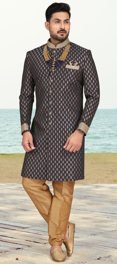 Wedding Blue color Sherwani in Jacquard fabric with Stone, Thread, Zari work : 1924727