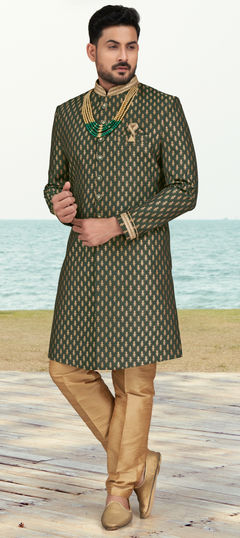 Green color Sherwani in Jacquard fabric with Stone, Thread, Zari work