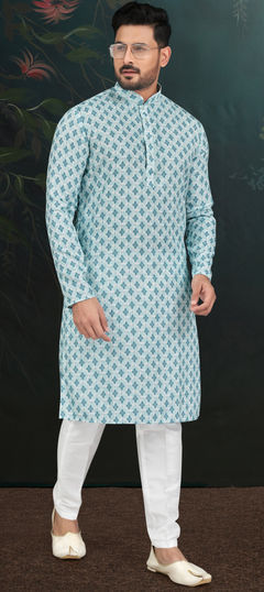 Blue, White and Off White color Kurta Pyjamas in Rayon fabric with Embroidered, Printed, Thread work