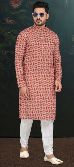 Beige and Brown, Red and Maroon color Kurta Pyjamas in Rayon fabric with Embroidered, Printed, Thread work