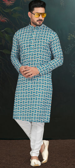 Beige and Brown, Blue color Kurta Pyjamas in Rayon fabric with Embroidered, Printed, Thread work