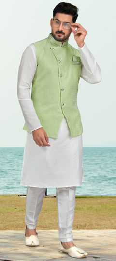 White and Off White color Kurta Pyjama with Jacket in Dupion Silk fabric with Thread work