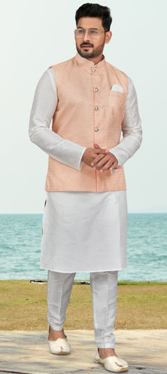 White and Off White color Kurta Pyjama with Jacket in Dupion Silk fabric with Thread work