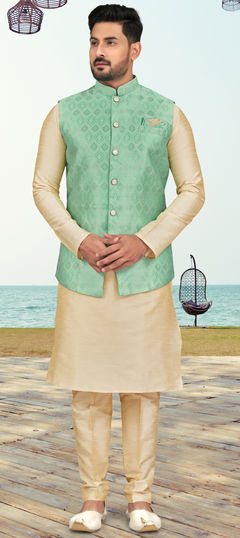 Beige and Brown color Kurta Pyjama with Jacket in Dupion Silk fabric with Thread work