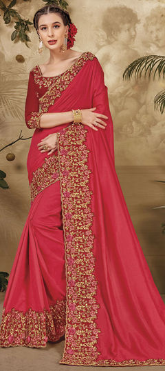 Red and Maroon color Saree in Art Silk fabric with Embroidered, Thread, Zari work