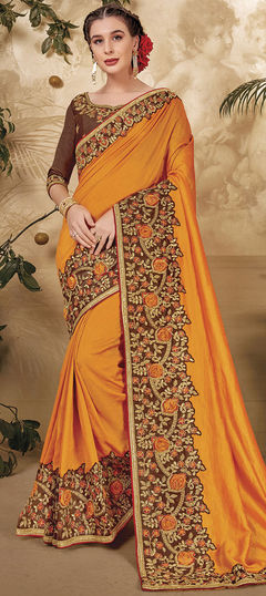 Yellow color Saree in Art Silk fabric with Embroidered, Thread, Zari work