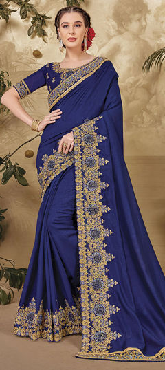 Blue color Saree in Art Silk fabric with Embroidered, Thread, Zari work