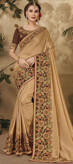 Beige and Brown color Saree in Art Silk fabric with Embroidered, Thread, Zari work