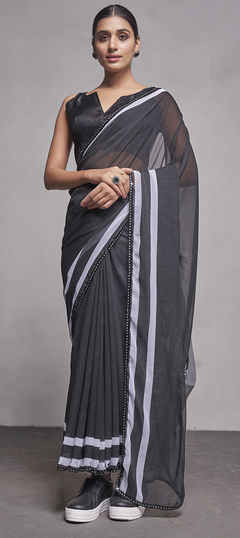 Black and Grey color Saree in Georgette fabric with Lace work