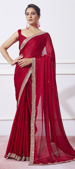 Red and Maroon color Saree in Art Silk fabric with Stone, Swarovski work