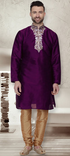 Purple and Violet color Kurta Pyjamas in Dupion Silk fabric with Embroidered, Thread work