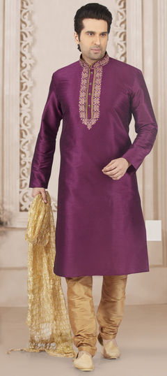 Purple and Violet color Kurta Pyjamas in Dupion Silk fabric with Embroidered, Thread work