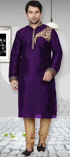 Purple and Violet color Kurta Pyjamas in Dupion Silk fabric with Embroidered, Thread work