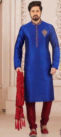 Blue color Kurta Pyjamas in Dupion Silk fabric with Embroidered, Thread work