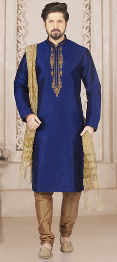 Blue color Kurta Pyjamas in Dupion Silk fabric with Embroidered, Thread work