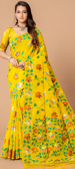 Festive, Party Wear, Traditional Yellow color Saree in Cotton fabric with Bengali Printed work : 1924858