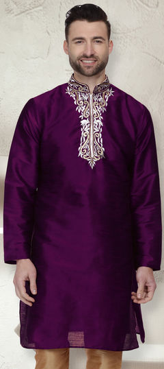 Purple and Violet color Kurta in Dupion Silk fabric with Embroidered, Thread work