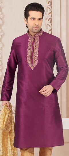 Purple and Violet color Kurta in Dupion Silk fabric with Embroidered, Thread work