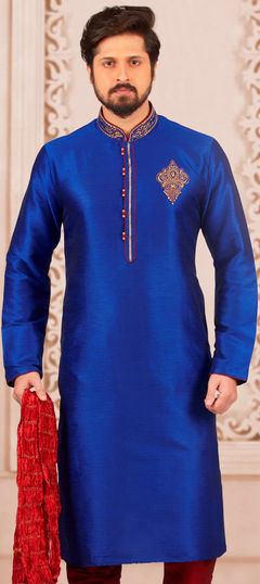 Blue color Kurta in Dupion Silk fabric with Embroidered, Thread work