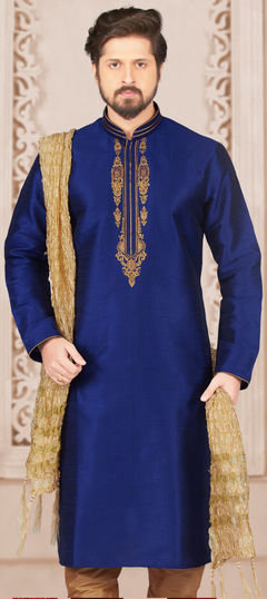 Blue color Kurta in Dupion Silk fabric with Embroidered, Thread work