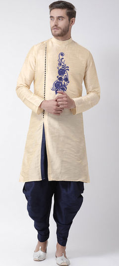 Beige and Brown color Dhoti Kurta in Dupion Silk fabric with Embroidered, Thread work