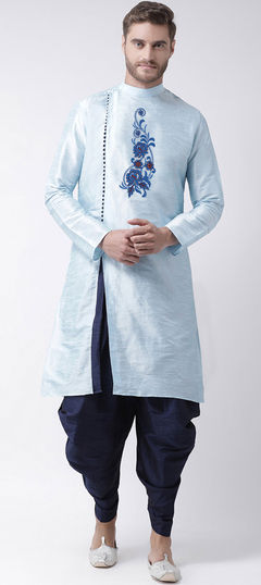 Blue color Dhoti Kurta in Dupion Silk fabric with Embroidered, Thread work