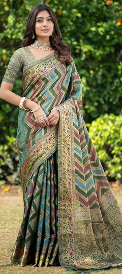 Green color Saree in Organza Silk fabric with Embroidered, Thread, Weaving work