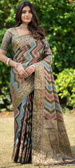 Festive, Reception Black and Grey color Saree in Organza Silk fabric with South Embroidered, Thread, Weaving work : 1924935