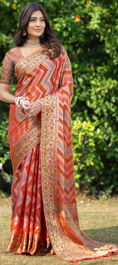 Orange color Saree in Organza Silk fabric with Embroidered, Thread, Weaving work