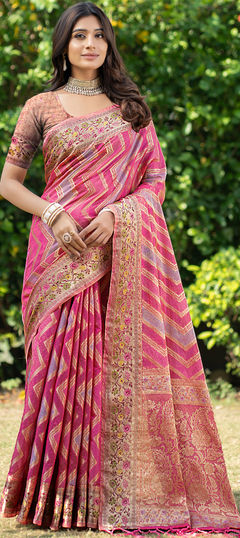 Pink and Majenta color Saree in Organza Silk fabric with Embroidered, Thread, Weaving work