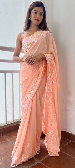 Festive, Party Wear Pink and Majenta color Saree in Georgette fabric with Classic Sequence, Thread work : 1925001