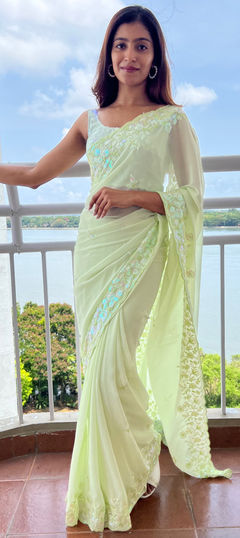 Festive, Party Wear Green color Saree in Georgette fabric with Classic Sequence, Thread work : 1925002