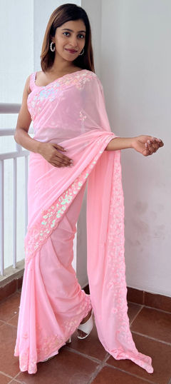 Festive, Party Wear Pink and Majenta color Saree in Georgette fabric with Classic Sequence, Thread work : 1925003