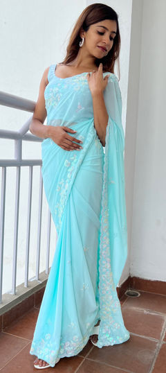 Blue color Saree in Georgette fabric with Sequence, Thread work