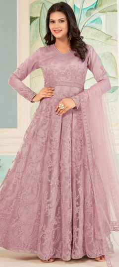 Pink and Majenta color Salwar Kameez in Net fabric with Embroidered, Sequence, Thread work