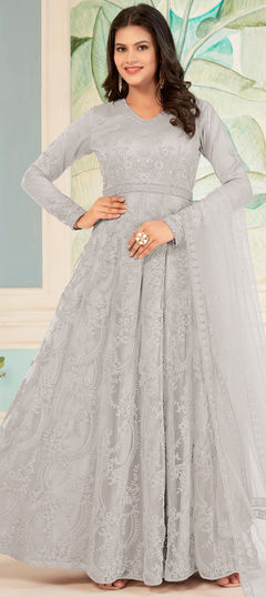 Black and Grey color Salwar Kameez in Net fabric with Embroidered, Sequence, Thread work