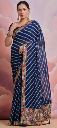 Blue color Saree in Georgette fabric with Border, Printed, Sequence work