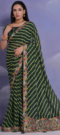 Green color Saree in Georgette fabric with Border, Printed, Sequence work