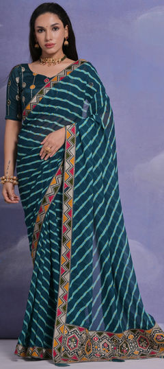 Blue color Saree in Georgette fabric with Border, Printed, Sequence work