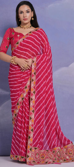 Pink and Majenta color Saree in Georgette fabric with Border, Printed, Sequence work