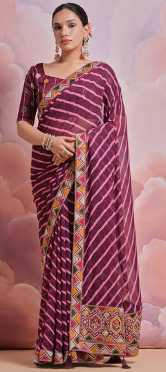 Purple and Violet color Saree in Georgette fabric with Border, Printed, Sequence work