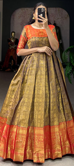 Festive, Party Wear Multicolor color Gown in Kanjeevaram Silk fabric with Weaving, Zari work : 1925069