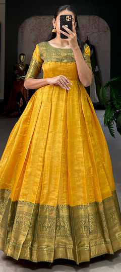 Festive, Party Wear Yellow color Gown in Kanjeevaram Silk fabric with Weaving, Zari work : 1925071