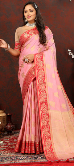 Pink and Majenta color Saree in Cotton fabric with Weaving, Zari work