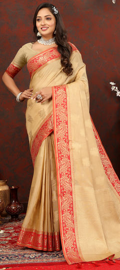 Beige and Brown color Saree in Cotton fabric with Weaving, Zari work